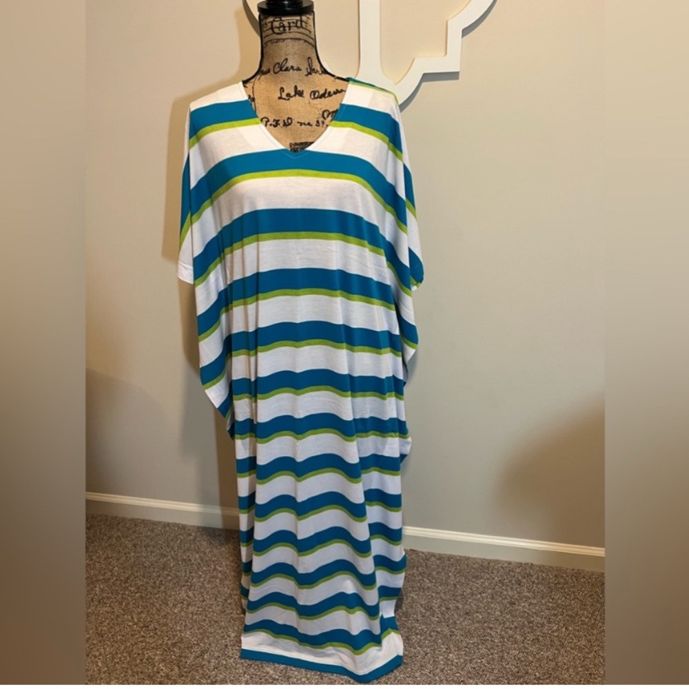 Joan Rivers Striped Blue and Green Kaftan Dress L
